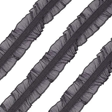 FINGERINSPIRE 11Yard/10m Black Fabric Lace Trim Stretch Elastic Double Ruffle Lace Ribbon 1 inches/28mm Wide for Sewing, Dress Decoration and Gift Wrapping