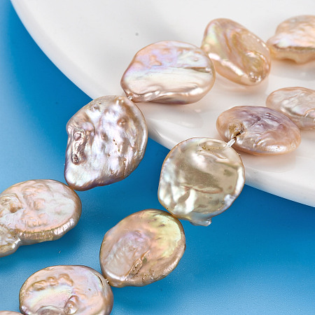 Honeyhandy Natural Keshi Pearl Beads Strands, Cultured Freshwater Pearl, Flat Round, PeachPuff, 15~29x14~19x3~8mm, Hole: 0.6mm, about 16~20pcs/strand, 15.35 inch(39cm)