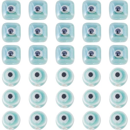SUPERFINDINGS 40pcs 2 Style Evil Eye Glazed Ceramic Beads Bright Glazed Ceramic Beads with Evil Eye Cube Flat Round Spacer Green Beads Turquoise Handmade Porcelain Beads for Jewelry Making