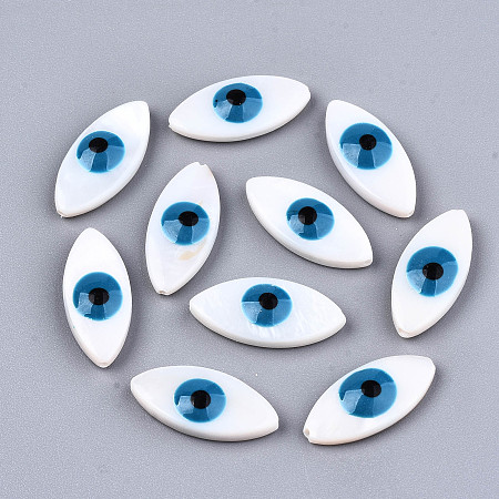 Honeyhandy Natural Freshwater Shell Beads, with Enamel, Horse Eye with Evil Eye, Dodger Blue, 18.5x8.5x4mm, Hole: 0.8mm