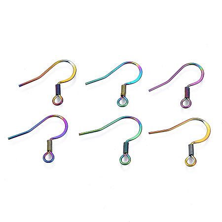 Arricraft Ion Plating(IP) 304 Stainless Steel French Earring Hooks, Flat Earring Hooks, Ear Wire, with Beads, Multi-color, 16.5x17~18mm, Hole: 2mm, Pin: 0.6mm