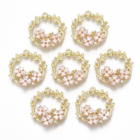 ARRICRAFT Alloy Pendants, Open Back Bezel, for Valentine's Day, with ABS Plastic Imitation Pearl, Olive Branch Wreath, Golden, Pearl Pink, 24x22.5x4mm, Hole: 1.6mm