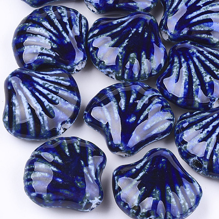 Arricraft Handmade Porcelain Beads, Fancy Antique Glazed Porcelain, Shell, Blue, 28~29x32~33x12.5~14mm, Hole: 3~3.5mm