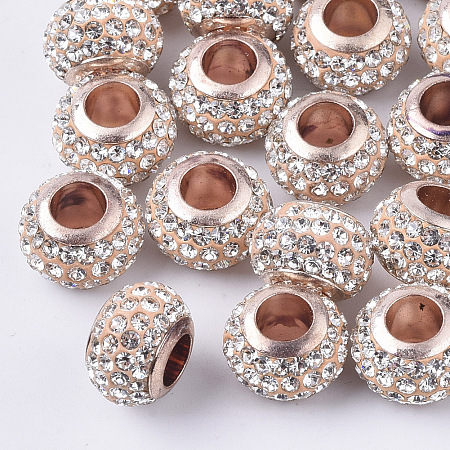 Honeyhandy Polymer Clay Rhinestone European Beads, with Brass Single Cores, Large Hole Beads, Rondelle, Light Gold, Crystal, PP11(1.7~1.8mm), 11x8mm, Hole: 5mm