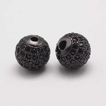 Honeyhandy Brass Micro Pave Cubic Zirconia Beads, Round, Gunmetal, 10x9.5mm, Hole: 2mm