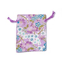 Honeyhandy Burlap Packing Pouches, Drawstring Bags, Rectangle with Flower Pattern, Purple, 10~10.5x8~8.3cm