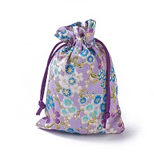 Honeyhandy Burlap Packing Pouches, Drawstring Bags, Rectangle with Flower Pattern, Purple, 14.2~14.7x10~10.3cm