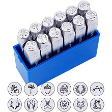 BENECREAT 12 Packs (6mm 1/4") Matte Design Metal Stamp Punches with Tool Case for Jewelry Leather Wood Stamping, Animals and Plants Theme