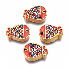 Honeyhandy Rack Plating Alloy Enamel Beads, Cadmium Free & Lead Free, Matte Gold Color, Fish, Red, 14x10x5mm, Hole: 0.7mm