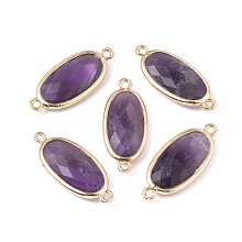 Honeyhandy Natural Amethyst Links connectors, with Brass Findings, Faceted, Oval, Golden, 28~28.5x12x5mm, Hole: 1.6mm