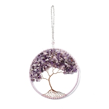 Honeyhandy Wire Wrapped Chips Natural Amethyst Big Pendant Decorations, with Iron Chains and Imitation Leather Rope, Flat Round with Tree of Life, 295mm