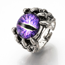 Honeyhandy Adjustable Alloy Finger Rings, with Glass Findings, Wide Band Rings, Dragon Eye, Blue Violet, Size 10, 20mm