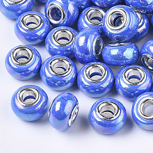 Honeyhandy Opaque Resin European Beads, Large Hole Beads, Imitation Porcelain, with Platinum Tone Brass Double Cores, AB Color, Rondelle, Blue, 14x9mm, Hole: 5mm