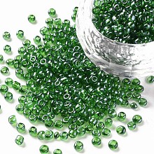 Honeyhandy Glass Seed Beads, Trans. Colours Lustered, Round, Dark Green, 3mm, Hole: 1mm, about 10000pcs/pound