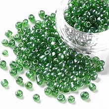 Honeyhandy Glass Seed Beads, Trans. Colours Lustered, Round, Dark Green, 4mm, Hole: 1.5mm, about 4500pcs/pound