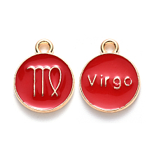 Honeyhandy Alloy Enamel Pendants, Cadmium Free & Lead Free, Flat Round with Constellation, Light Gold, Red, Virgo, 15x12x2mm, Hole: 1.5mm