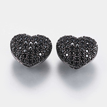 Honeyhandy Brass Micro Pave Cubic Zirconia Beads, Hollow Heart, Black, Gunmetal, 11.5x14x8mm, Hole: 2mm