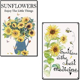 CREATCABIN 2pc Metal Tin Sign Sunflowers Sunshine Bee Retro Vintage Funny Wall Art Mural Hanging Iron Painting for Home Garden Bar Pub Kitchen Living Room Office Garage Plaque Christmas 12 x 8inch