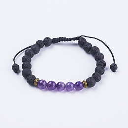 Honeyhandy Adjustable Nylon Cord Braided Bead Bracelets, with Lava Rock, Amethyst Beads & Alloy Findings, 2-1/8 inch(54mm)