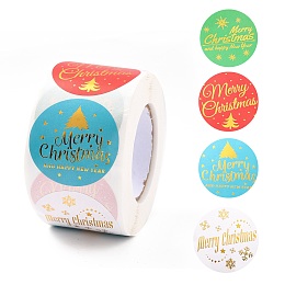 Honeyhandy Christmas Themed Flat Round Roll Stickers, Self-Adhesive Paper Gift Tag Stickers, for Party, Decorative Presents, Mixed Color, Christmas Themed Pattern, 38x0.1mm, about 500pcs/roll