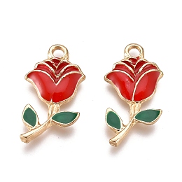 Honeyhandy Alloy Enamel Pendants, for Valentine's Day, Rose Flowers, Golden, Red, 22.5x12x2.5mm, Hole: 2mm