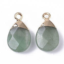 Honeyhandy Natural Green Aventurine Pendants, with Top Golden Plated Iron Loops, Teardrop, Faceted, 17~19x10x5mm, Hole: 1.8mm