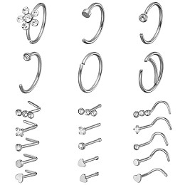 Honeyhandy 21Pcs 21 Style Clear Cubic Zirconia Flower & Flat Round & Heart Nose Studs & Rings Set, 304 Stainless Steel Nose Hoop & Fishtail & L-shape Nose Rings, Piercing Jewelry for Women, Silver, 9~9.5x5.5~9.5mm, Pin: 0.8mm, 1Pc/style