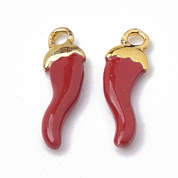 Honeyhandy Brass Charms, Enamelled Sequins, Unplated, Hot Horn of Plenty/Italian Horn Cornicello Charms, Red, 15x4.5x2.5mm, Hole: 1mm