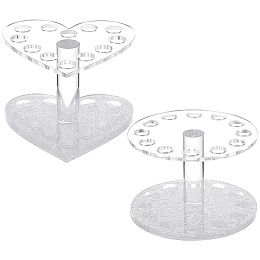 AHANDMAKER 2 Pcs Acrylic Nail Brush Display Holder, Nail Art Painting Gel Brush Rack for Nail Tech, 12 Hole Makeup Brush Organizer, Round Heart Shape Pen Beauty Display Storage Stand Rest, Sliver Base