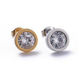 Honeyhandy 304 Stainless Steel Stud Earrings, with Cubic Zirconia and Ear Nuts, Clear, 9.5mm, Pin: 0.6mm, 6pairs/card