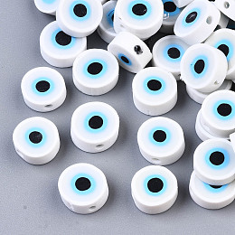 Honeyhandy Handmade Polymer Clay Beads, Flat Round with Evil Eye, White, 10.5~12.5x3.5~4.5mm, Hole: 1.5mm