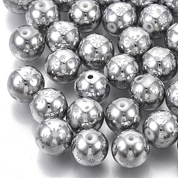 Honeyhandy Christmas Electroplate Glass Beads, Round with Star Pattern, Platinum Plated, 10mm, Hole: 1.2mm