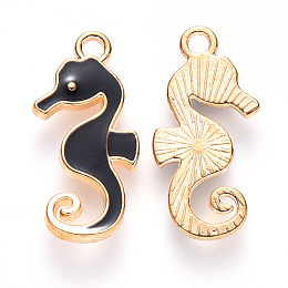 Honeyhandy Alloy Enamel Pendants, Sea Horse, Light Gold, Black, 21x11x2mm, Hole: 1.6mm