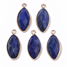 Honeyhandy Natural Lapis Lazuli Pendants, with Golden Plated Edge Brass Findings, Faceted, Horse Eye, 20x9x5mm, Hole: 1.2mm