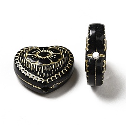 Honeyhandy Plating Acrylic Beads, Golden Metal Enlaced, Heart with Flower Pattern, Black, 17x18x6mm, Hole: 1.6mm