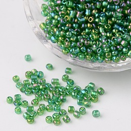 Honeyhandy Transparent Colours Rainbow Round Glass Seed Beads, Green, Size: about 3mm in diameter, hole: 1mm, about 1102pcs/50g