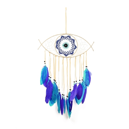 Honeyhandy Iron Woven Web/Net with Feather Pendant Decorations, with Wood and Plastic Beads, Covered with Lint and Cotton Cord, Evil Eye, Deep Sky Blue, 675mm