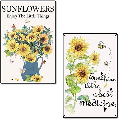 CREATCABIN 2pc Metal Tin Sign Sunflowers Sunshine Bee Retro Vintage Funny Wall Art Mural Hanging Iron Painting for Home Garden Bar Pub Kitchen Living Room Office Garage Plaque Christmas 12 x 8inch