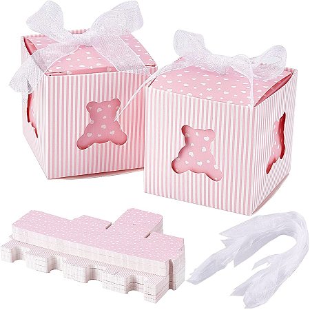 Pandahall Elite 60 Sets Newborn Baby Shower Candy Boxes, Bear Candy Boxes Folding Boxes Pink Paper Gift Box with Ribbon Birthday Party Gift Favor for Birthday Wedding Party (2.4 x 2.4 x 2.4 Inch)