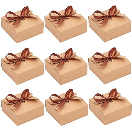 BENECREAT 10 Pack Brown Square Kraft Paper Box Creative Wedding Favour Boxes Cupcake Boxes 4.7x4.7x2 inch with Cord for Halloween, Christmas Party, Gift and Wedding Decoration