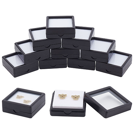 Plastic Jewelry Organizer Box, with Glass Window, for Jewelry Storage Package, Square, Black, 4.15x4.15x1.6cm