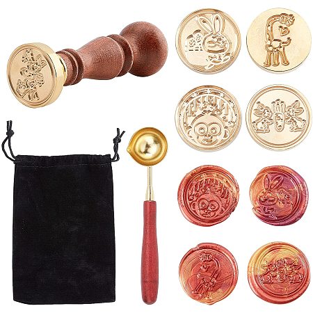 CRASPIRE Wax Seal Stamp Heads Set 4pcs Sealing Wax Stamps with 1 Wood Handles,1 Wax Spoon, 1 Velvet Pouches, 25mm Removable Brass Head Sealing Stamp for Wedding Invitation(Rabbit Monkey Giraffe)