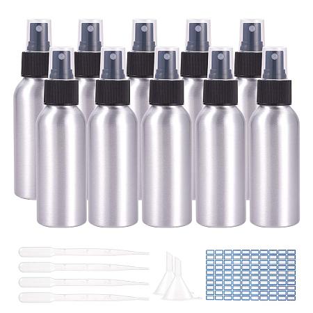 PandaHall Elite 10 Pack 100ml/ 3.3oz Aluminum Fine Mist Spray Bottle Metal Spray Refillable Bottles with Funnel Hoppers, Pipettes, Label Sticker for Essential Oils, Perfumes Travel Use