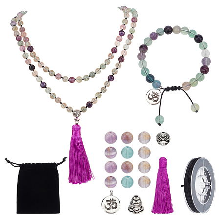 SUNNYCLUE DIY Jewelry Making Kits, Including Natural Fluorite Beads, Polyester Tassel Pendant Decorations, Alloy Pendants and Nylon Thread, 8mm, Hole: 1mm, 140pcs/set