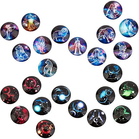 SUNNYCLUE 1 Box 24Pcs 12 Constellation Glass Cabochons Flatback Charms Half Round Zodiac Sign Pattern Astrology Horoscope Dome Gems for DIY Jewelry Making Supplies, 25MM