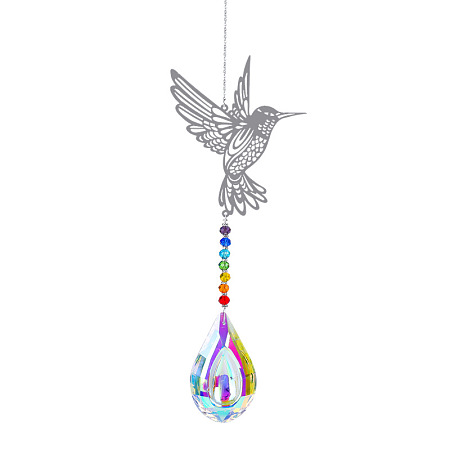 Honeyhandy Metal Big Pendant Decorations, Hanging Sun Catchers, Chakra Theme K9 Crystal Glass, Hummingbird, Colorful, 42cm
