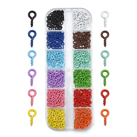 Honeyhandy Spray Painted Iron Screw Eye Pin Peg Bails, For Half Drilled Beads, Cadmium Free & Nickel Free & Lead Free, Mixed Color, 8x4x1mm, Hole: 2mm, Pin: 1.4mm, 40Pcs/color, 12 Colors, 480Pcs/box
