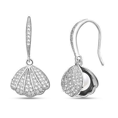 SHEGRACE Brass Dangle Earrings, with Shell Pearl and Cubic Zirconia, Shell Shape, Platinum, 25.5mm