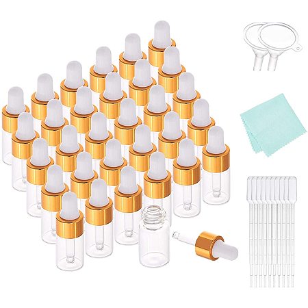 BENECREAT 40 Pack 3ml Clear Glass Dropper Bottle Refillable Dropper Essential Oil Bottles with White Rubber Cap, 10 Pipettes, 2 Hoppers and 1 Cloth for Aromatherapy Cosmetics Sample