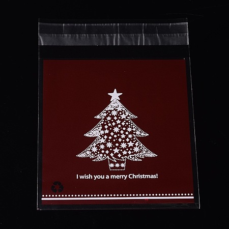 Arricraft Rectangle OPP Cellophane Bags, with Christmas Tree Pattern, DarkRed, 14x9.9cm; Unilateral Thickness: 0.035mm; Inner Measure: 11x9.9cm, about 95~100pcs/bag